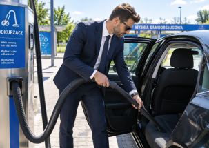 Mężczyzna odkurza auto
