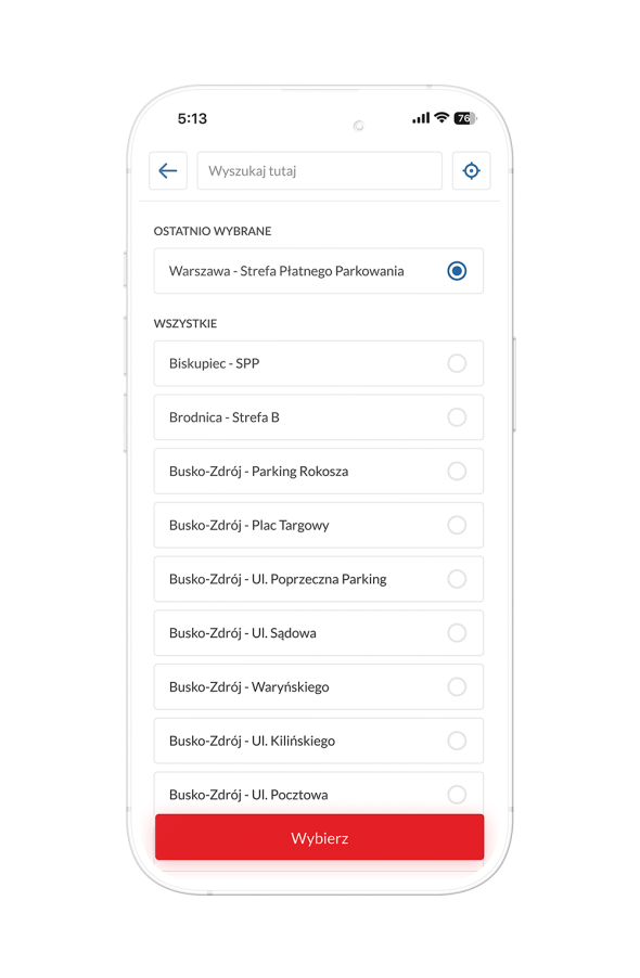 lista stref parkowania w aplikacji Mooveno