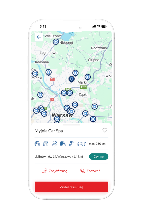 mapa myjni w aplikacji Mooveno