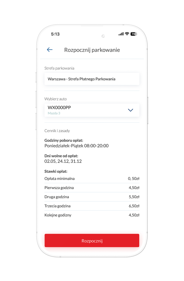 informacje o strefie parkowania w aplikacji Mooveno