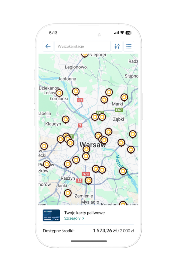 zrzut z aplikacji Mooveno z mapą stacji paliw